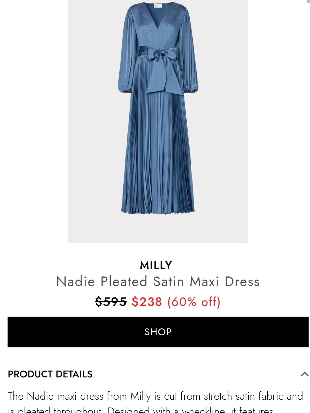 Milly Nadie Pleated Satin Maxi Dress - Steel Blue